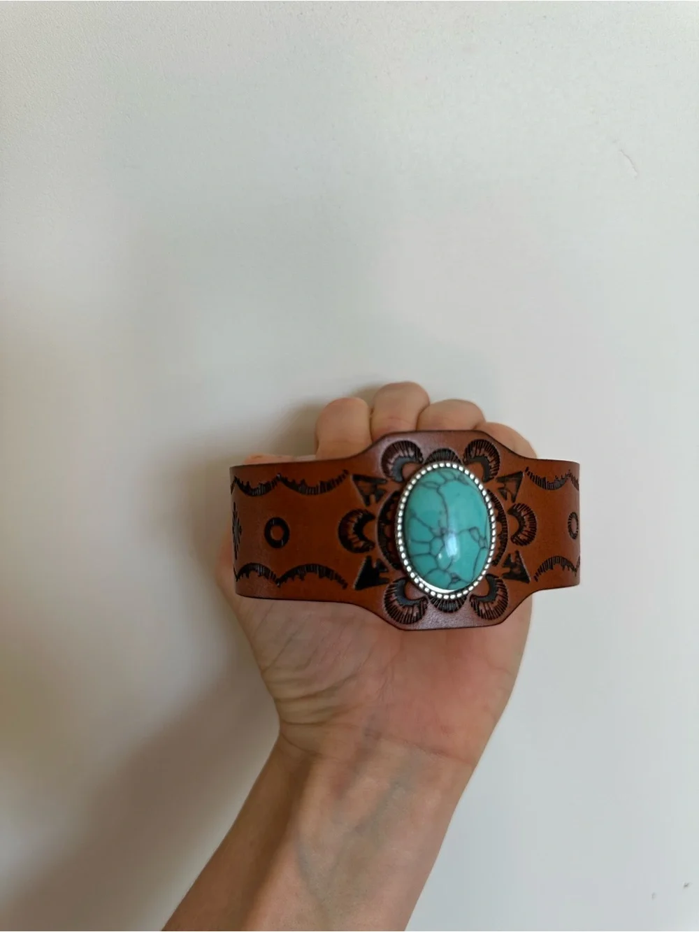 Plunder Brown Leather Cuff with Turquoise Stone Accent